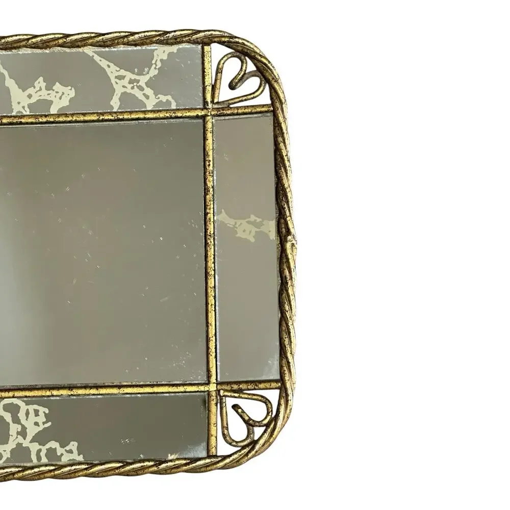 Homco Gold Tone Twisted Metal Frame Mirror Hanging or Table Top Vanity Tray Vtg